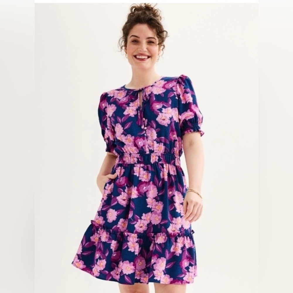Draper James Pink and Purple Floral puff sleeves fit & flare knee length Dress M